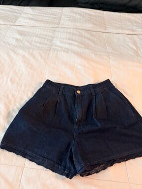 Zara Navy Blue Pleated High-Waist Jean Shorts